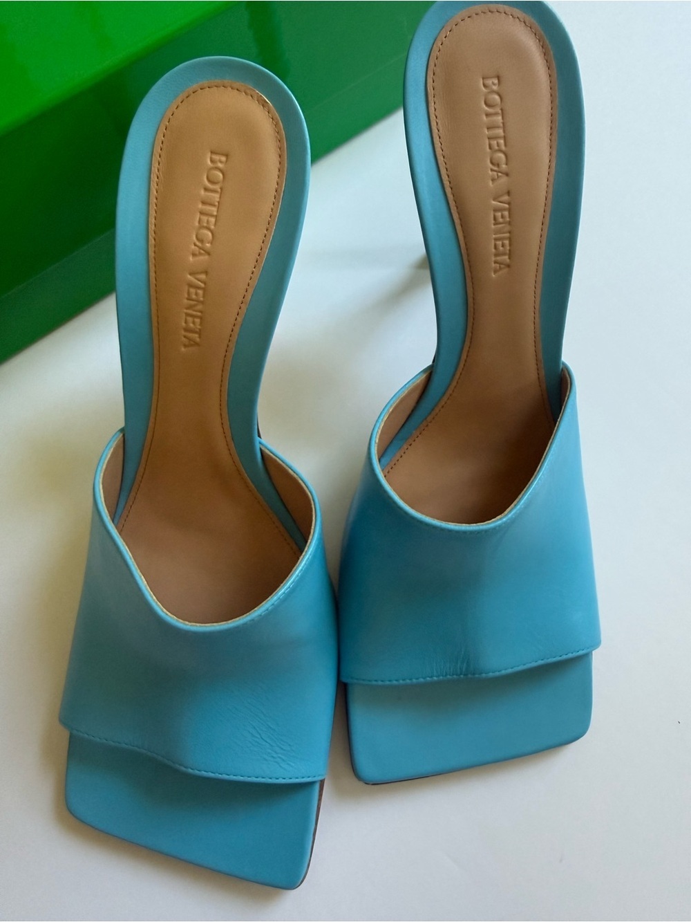 Bottega Veneta Blue Leather Square Toe Mule Heels Size 38 - Picture 5 of 8